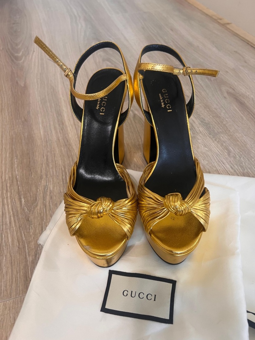 Gucci Metallic Gold Knotted Platform Sandals